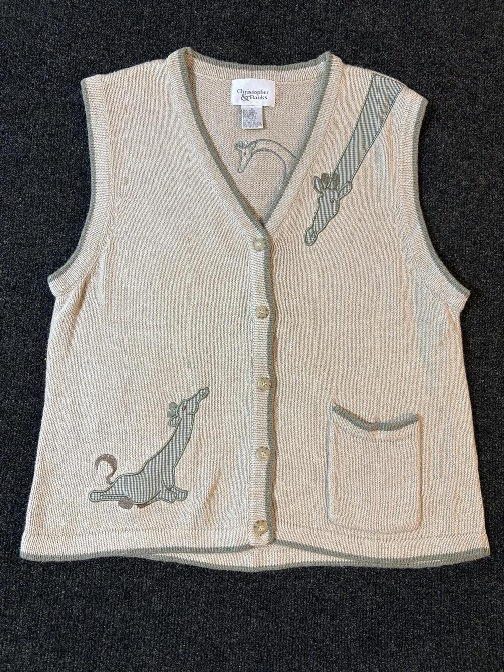 Christopher & Banks Vest Womens L Beige Giraffe Animal Knit Button Front Novelty